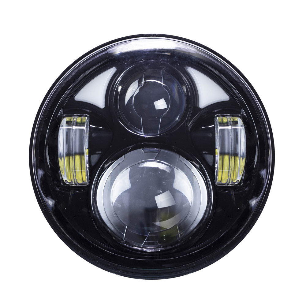 Round Motorcycle Headlights with Black Face and Partial Halo - 5.6 Inch, 8 LED