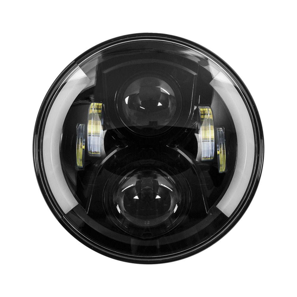 Round Motorcycle Headlights with Black Face and Partial Halo - 7 Inch