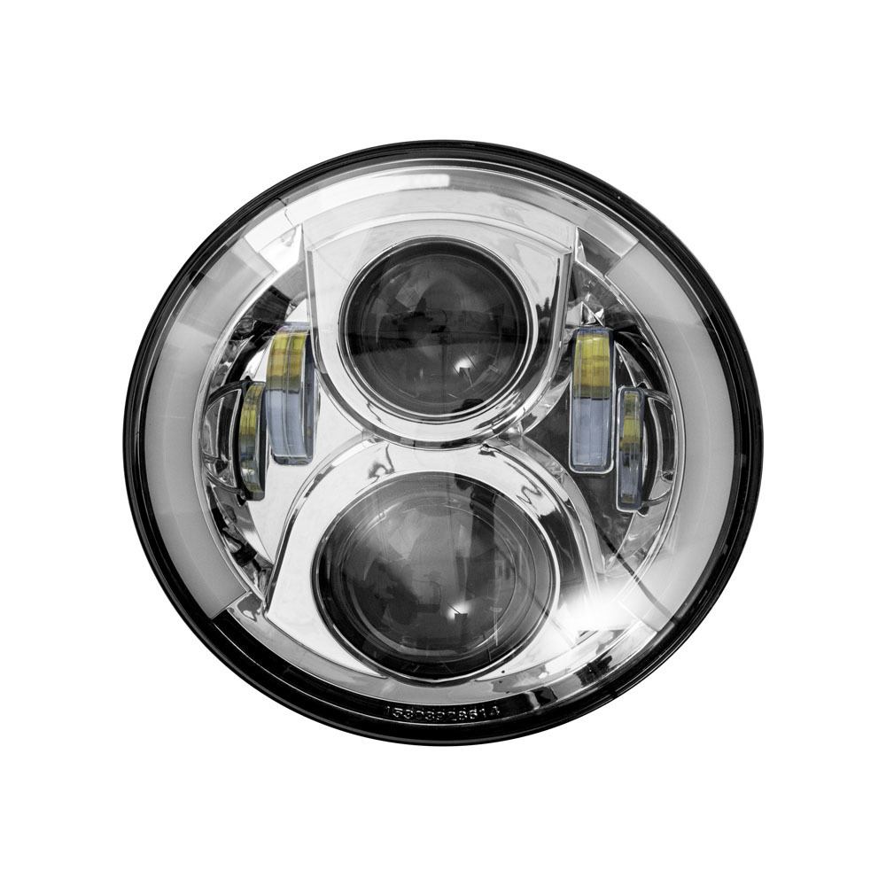 Round Motorcycle Headlights w/ Silver Face and Partial Halo - 7 Inch