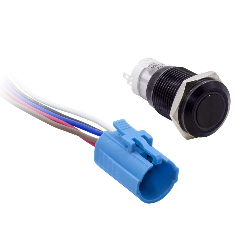 16 MM BLACK MOMENTARY SWITCH WITH HARNESS 5A IP67 - BLUE