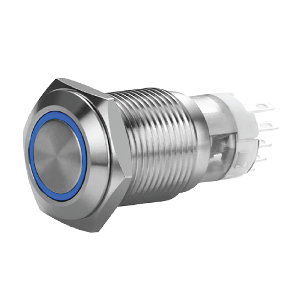 16 MM STAINLESS MOMENTARY SWITCH WITH HARNESS 5A IP67 - BLUE