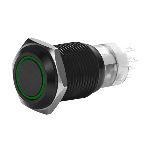 16 MM BLACK MOMENTARY SWITCH WITH HARNESS 5A IP67 - GREEN