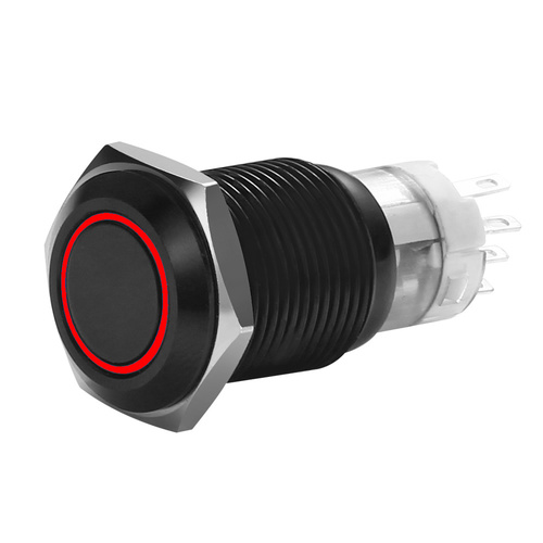 16 MM BLACK MOMENTARY SWITCH WITH HARNESS 5A IP67 - RED