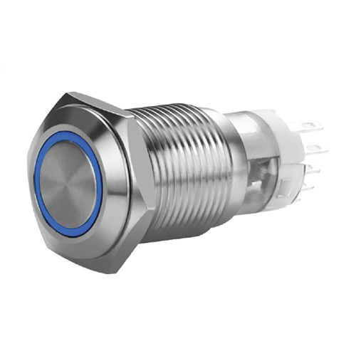 19 MM STAINLESS MOMENTARY SWITCH WITH HARNESS 5A IP67 - BLUE