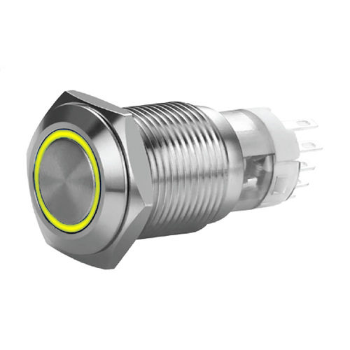 19 MM STAINLESS MOMENTARY SWITCH WITH HARNESS 5A IP67-YELLOW